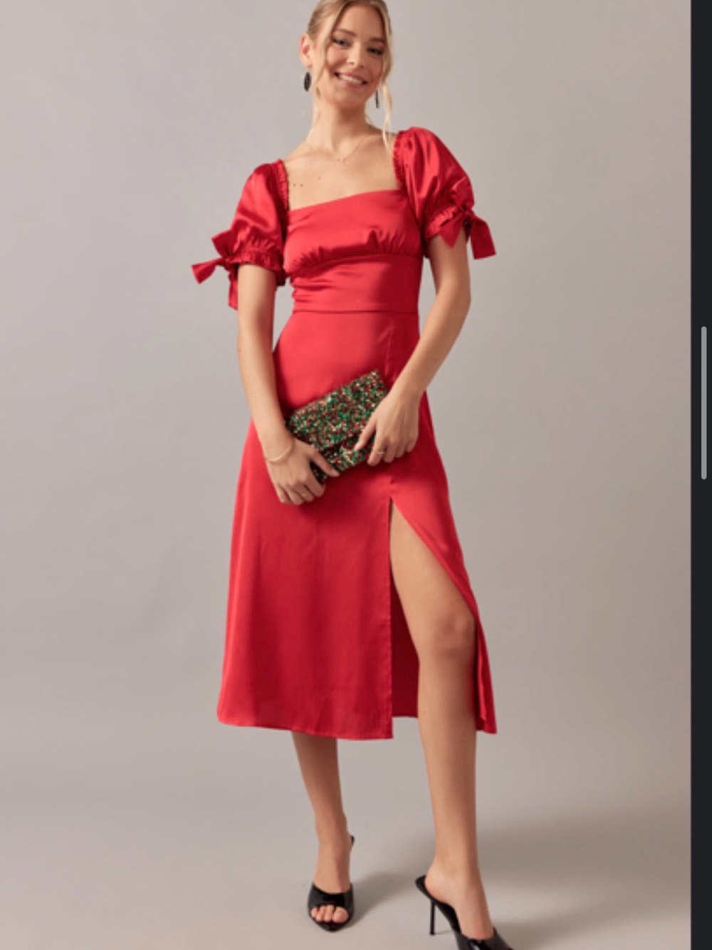 NWT Francesca’s Red Silk Midi Empire Dress with Puff Bow Sleeves Size XL